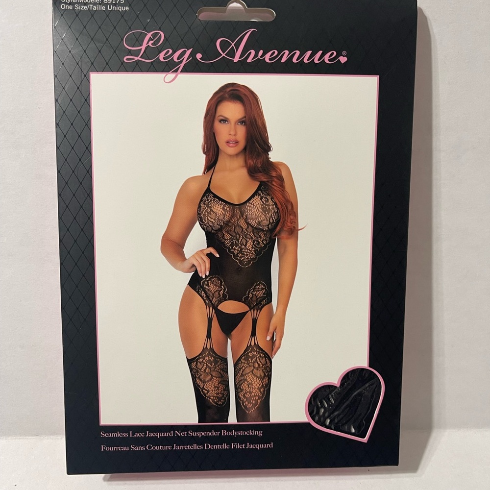 New Leg Avenue Black‎ Lace Jacquard Suspender Bodystocking OS